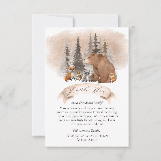 ウッドランドベア |動物が男の子の赤ちゃんのシャワーを待つ サンキューカード (正面)