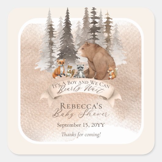 ウッドランドベア |動物が男の子の赤ちゃんのシャワーを待つ スクエアシール (正面)
