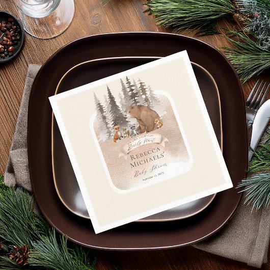 ウッドランドベア |動物が男の子の赤ちゃんのシャワーを待つ スタンダードカクテルナプキン