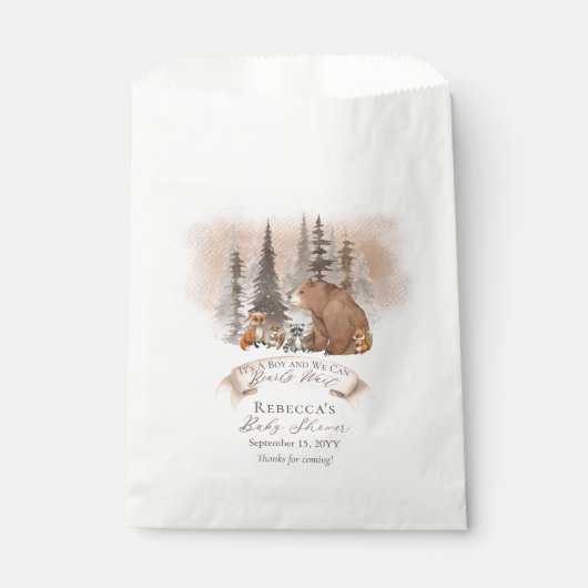 ウッドランドベア |動物が男の子の赤ちゃんのシャワーを待つ フェイバーバッグ (正面)