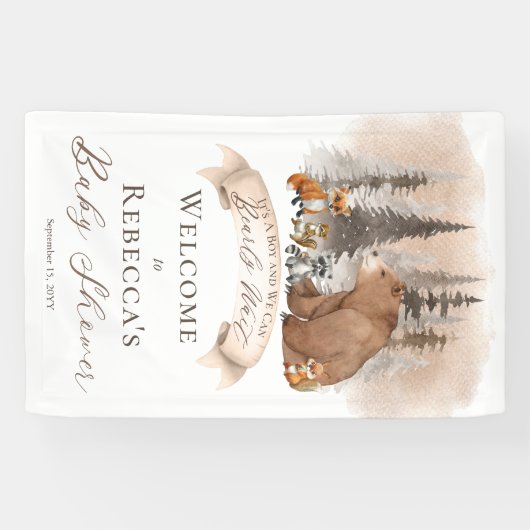 ウッドランドベア |動物が男の子の赤ちゃんのシャワーを待つ 横断幕 (横)