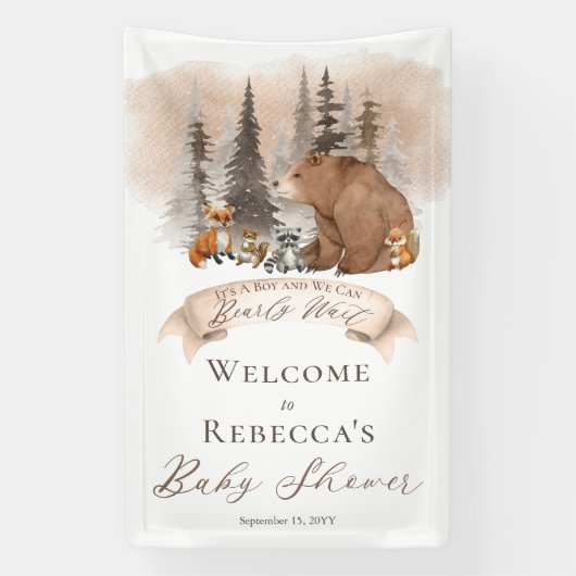ウッドランドベア |動物が男の子の赤ちゃんのシャワーを待つ 横断幕 (縦)