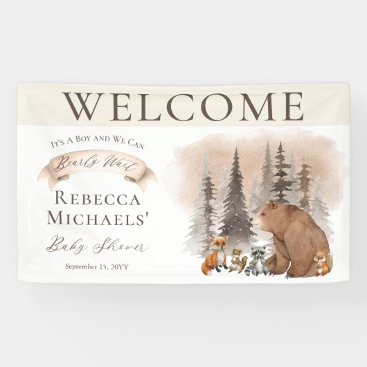 ウッドランドベア |動物が男の子の赤ちゃんのシャワーを待つ 横断幕 (横)