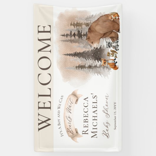 ウッドランドベア |動物が男の子の赤ちゃんのシャワーを待つ 横断幕 (縦)