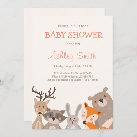 ウッドランドベイビーシャワー招待状動物林 招待状 (正面/裏面)
