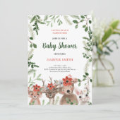 ウッドランドベイビーシャワー森林動物の緑 招待状 (スタンド正面)