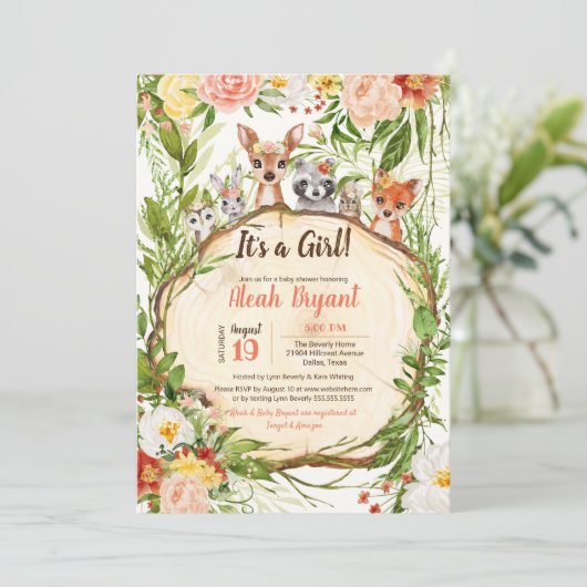 ウッドランドベビーアニマルズフォレストガールベビーシャワー 招待状 (スタンド正面)