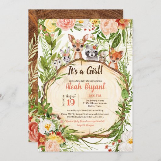 ウッドランドベビーアニマルズフォレストガールベビーシャワー 招待状 (正面/裏面)