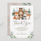 ウッドランドベビーアニマル緑の金ゴールド松の木 サンキューカード (正面/裏面)