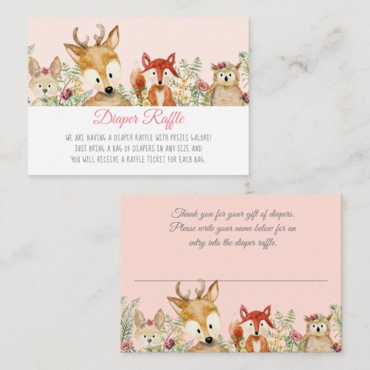 ウッドランドベビーガール鹿キツネバニーおむつラッフル エンクロージャーカード (正面/裏面)