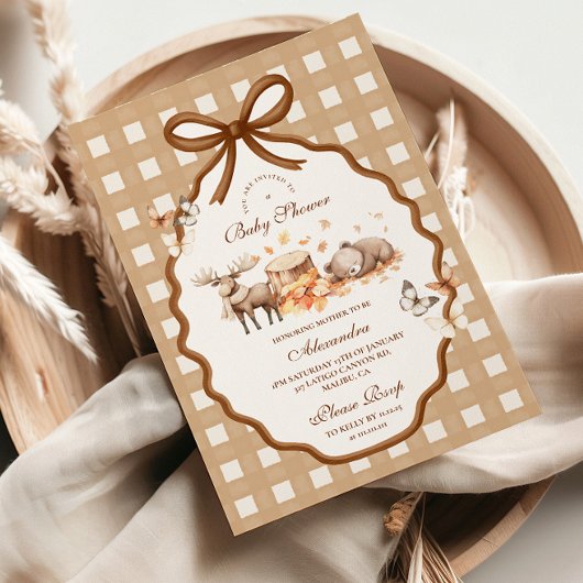 ウッドランドベビーシャワーギンガム秋 招待状