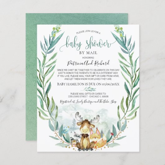 ウッドランドベビーシャワーバイメールバジェット招待状 (正面/裏面)