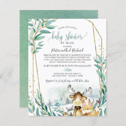 ウッドランドベビーシャワーバイメールバジェット招待状 (正面/裏面)