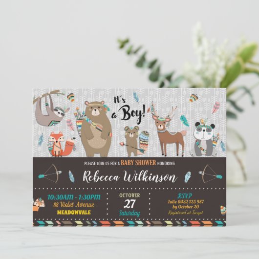 ウッドランドベビーシャワー招待状男の赤ちゃんシャワー 招待状 (スタンド正面)