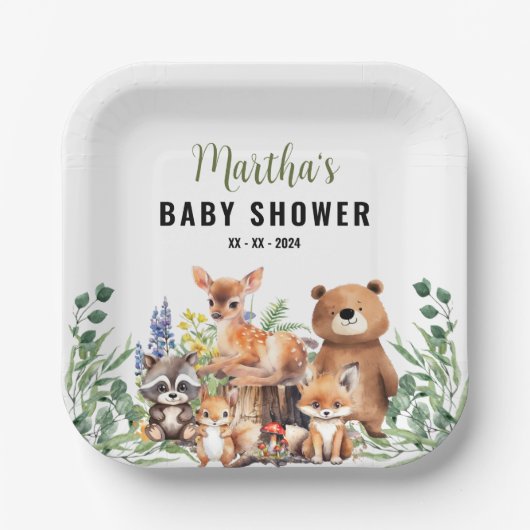 ウッドランドベビーシャワー招待状 |森林動物 ペーパープレート (正面)