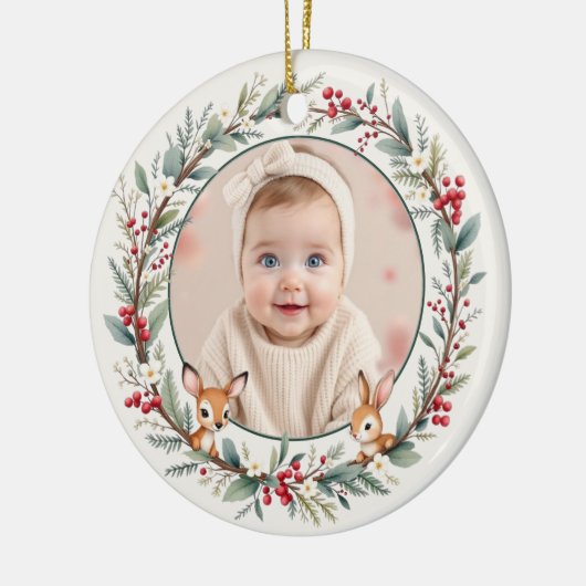 ウッドランドベビー初めてのクリスマスパーソナライズされた写真 セラミックオーナメント (左)