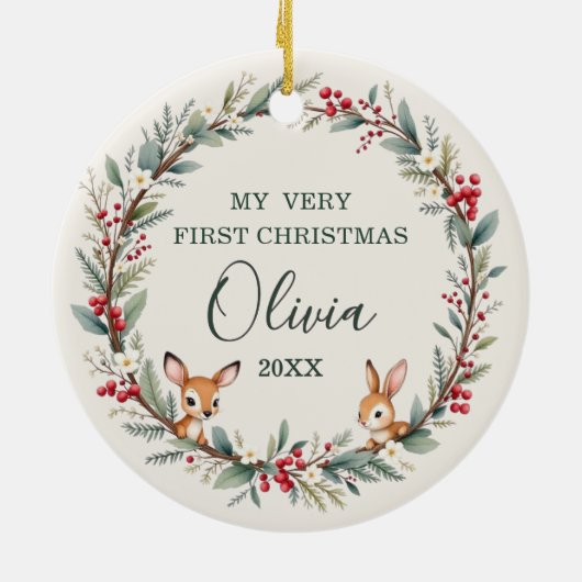 ウッドランドベビー初めてのクリスマスパーソナライズされた写真 セラミックオーナメント (裏面)