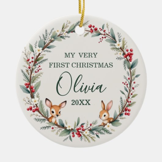 ウッドランドベビー初めてのクリスマス パーソナライズされた セラミックオーナメント (正面)