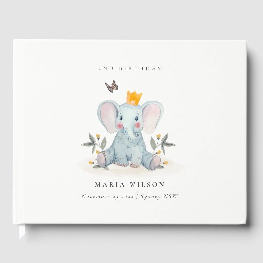 ウッドランドベビー象の葉の任意の年齢誕生日 ゲストブック (正面)