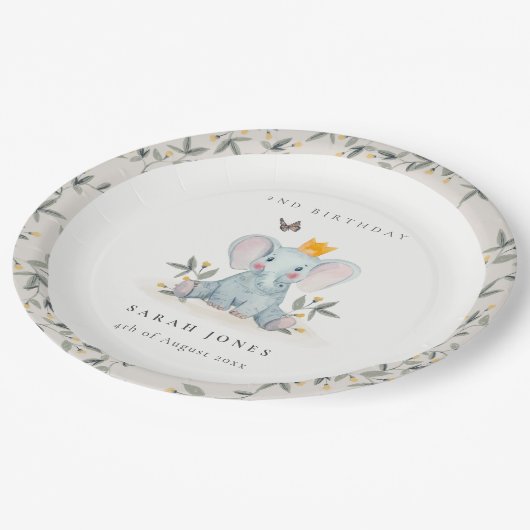 ウッドランドベビー象の葉の任意の年齢誕生日 ペーパープレート (アングル)