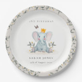 ウッドランドベビー象の葉の任意の年齢誕生日 ペーパープレート (正面)