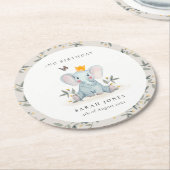 ウッドランドベビー象の葉の任意の年齢誕生日 ラウンドペーパーコースター (アングル)