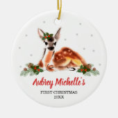 ウッドランドベビー鹿パーソナライズされた初めてのクリスマス セラミックオーナメント (正面)