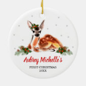 ウッドランドベビー鹿パーソナライズされた初めてのクリスマス セラミックオーナメント (裏面)