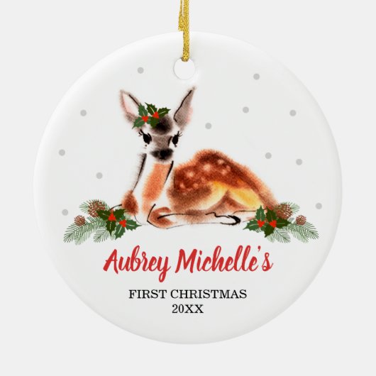 ウッドランドベビー鹿パーソナライズされた初めてのクリスマス セラミックオーナメント (裏面)