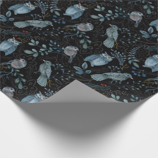 ウッドランドボタニカルフォレストブルーバードフクロウクリスマス ラッピングペーパー (角)