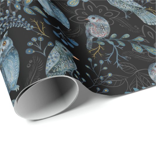 ウッドランドボタニカルフォレストブルーバードフクロウクリスマス ラッピングペーパー (ロールコーナー)