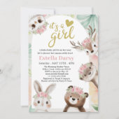 ウッドランドボホガールベビーシャワーとピンクフローラ 招待状 (正面)