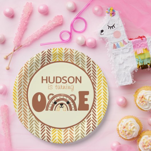 ウッドランドボホーレインボーベアファースト誕生日 ペーパープレート (パーティー)