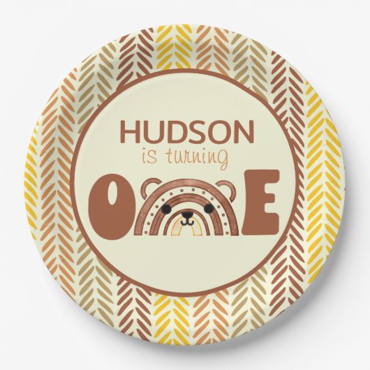 ウッドランドボホーレインボーベアファースト誕生日 ペーパープレート (正面)