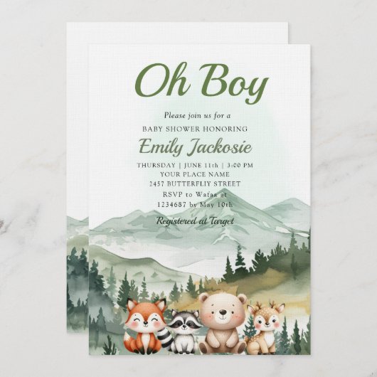 ウッドランドボーイベビー森林動物の赤ちゃんシャワー 招待状 (正面/裏面)