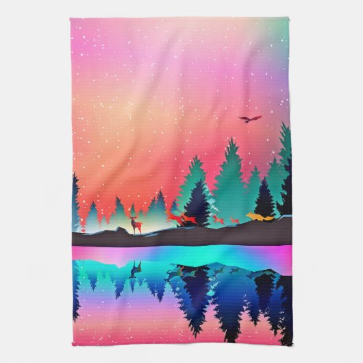 ウッドランドマウンテンオーロラ動物 キッチンタオル (縦)