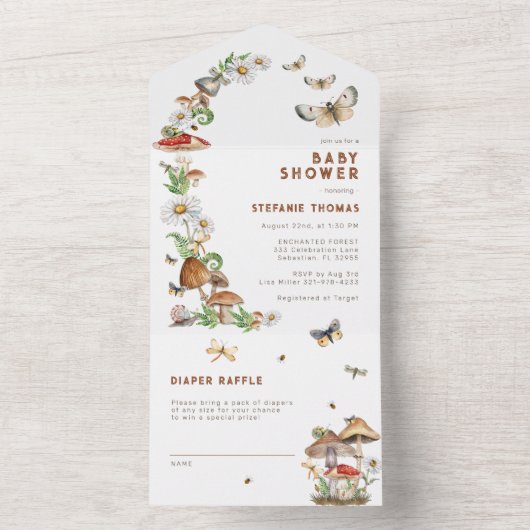 ウッドランドマッシュルームオールインワンベビーシャワーの招待 オールインワン招待状 (内側)