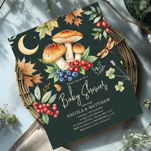 ウッドランドマッシュルームベイビーシャワーバジェット招待状