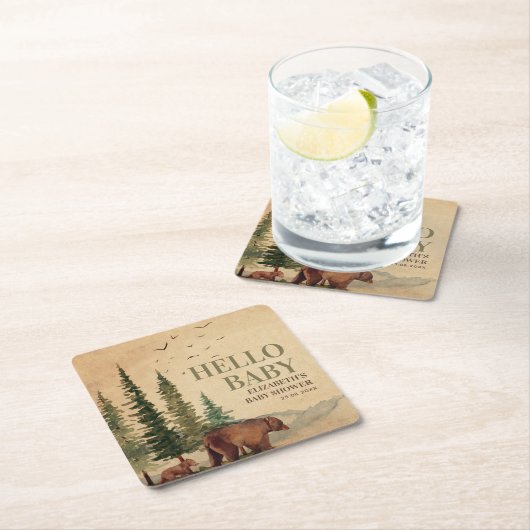 ウッドランドママベア&キューブベビーシャワー スクエアペーパーコースター (インサイチュ)