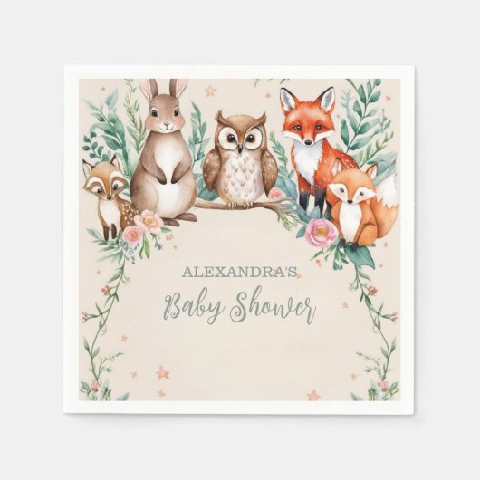 ウッドランドモダンアニマルズフォレスト赤ちゃんシャワー スタンダードカクテルナプキン (正面)