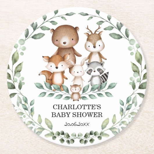 ウッドランドモダングリーンリー動物の赤ちゃんシャワーの装飾 ラウンドペーパーコースター (正面)