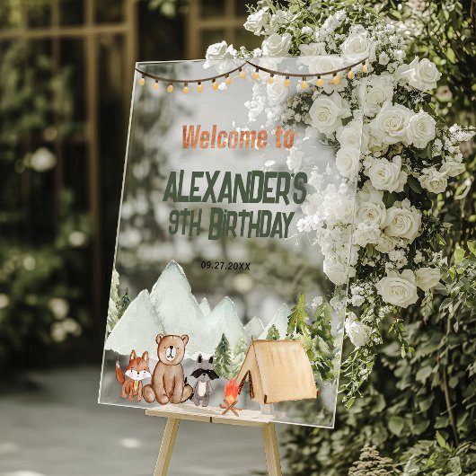 ウッドランドモダンハッピーキャンパーキャンプ子供の誕生日 アクリルサイン