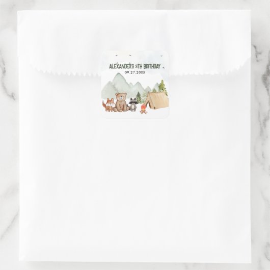 ウッドランドモダンハッピーキャンパーキャンプ子供の誕生日 スクエアシール (バッグ)