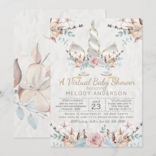 ウッドランドユニコーンバーチャルベビーシャワーシルバー 招待状 (正面/裏面)