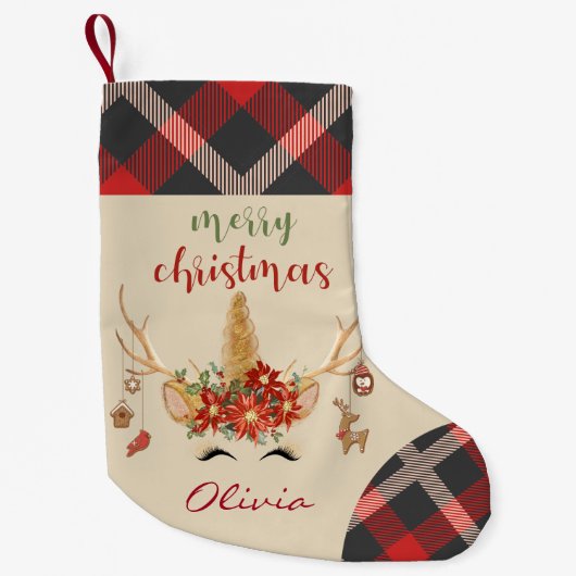 ウッドランドユニコーン顔と〔雄ジカの〕枝角 スモールクリスマスストッキング (正面)