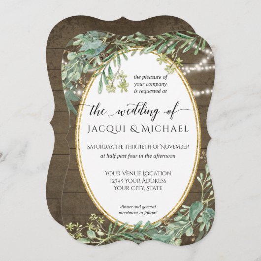 ウッドランドユーカリ素朴リーフのライトウォーターカラー 招待状 (正面/裏面)