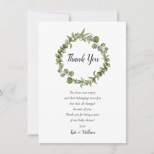 ウッドランドユーカリ緑の赤ちゃんシャワー詩 サンキューカード (正面)