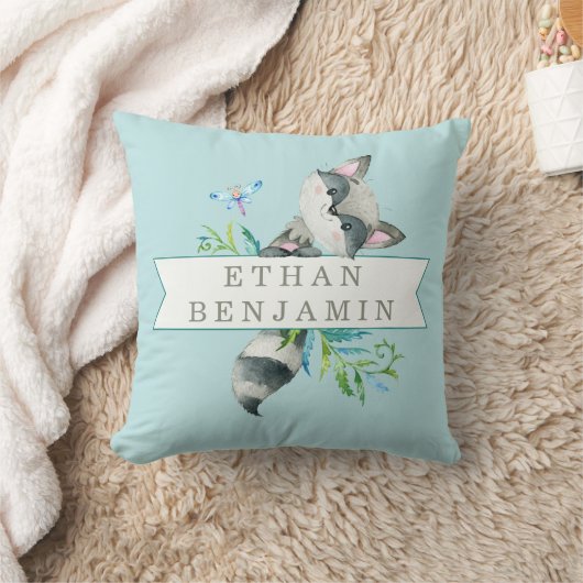 ウッドランドラクーンアクアパーソナライズされた クッション (ブランケット)