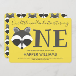 ウッドランドラクーンイエローベビーワンファースト誕生日 招待状