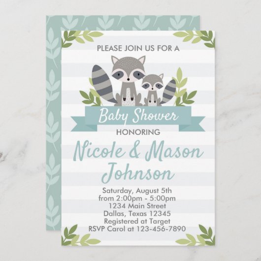 ウッドランドラクーンベイビーシャワー招待状招待状 招待状 (正面/裏面)